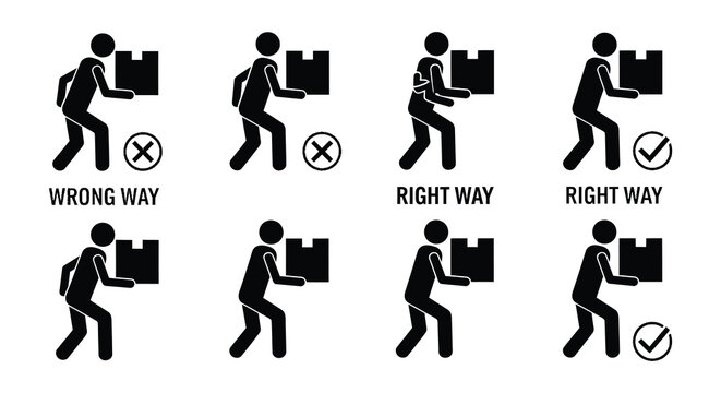 Stick figures demonstrate correct and incorrect box lifting techniques