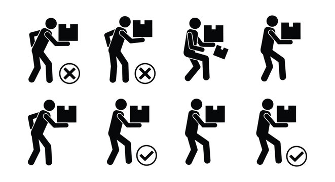 Stick figures demonstrate correct and incorrect box lifting techniques