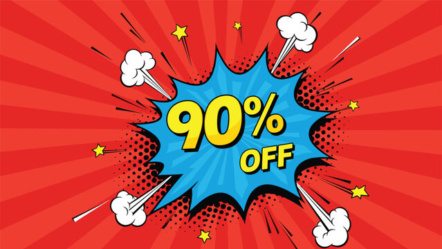 Vibrant comic book style promotional banner featuring ninety percent off text in yellow inside a blue burst over red rays.