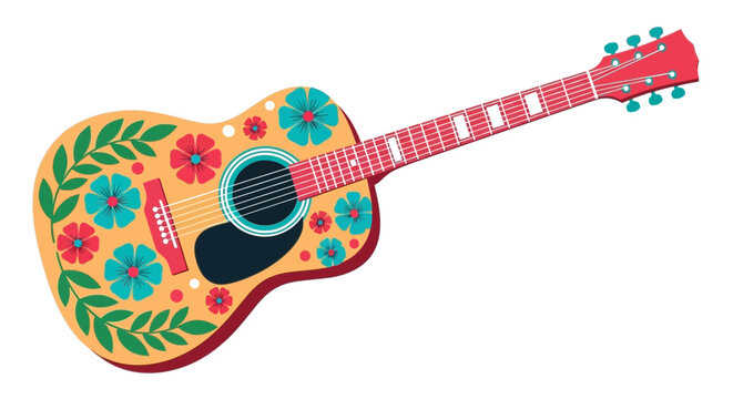 Acoustic guitar decorated with floral patterns and leaves.