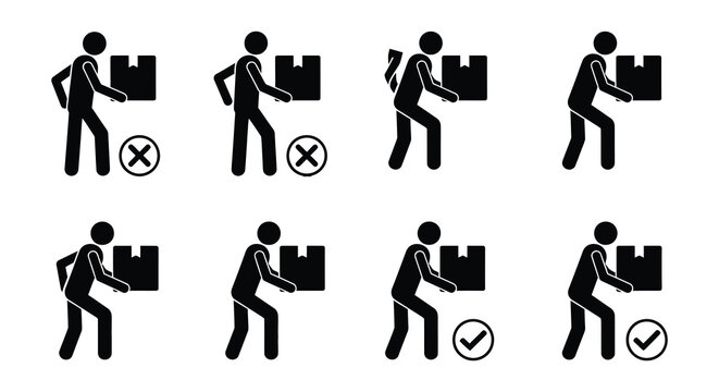 Stick figures demonstrate correct and incorrect box lifting techniques