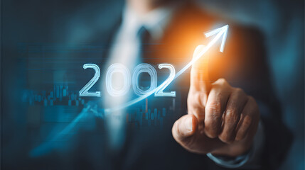 Obraz premium A businessman interacting with a futuristic digital interface with a growing graph