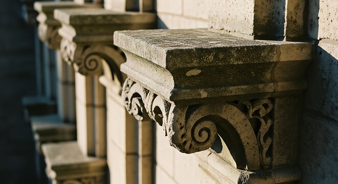 Close-up of Antique Ornate Stone Corbels on a Historic Building Facade