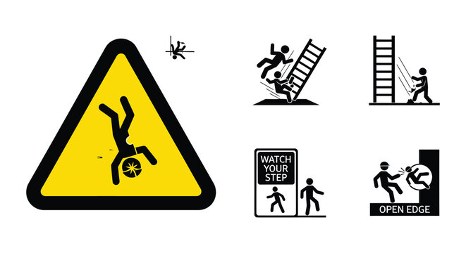 Warning signs depicting falling people and potential hazards