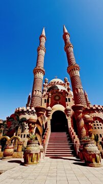 Vertical shot of main entrance to the Al Sahaba Mosque, Islamic religion and architecture