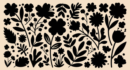 Elegant black silhouette floral pattern on a light background. © wildan