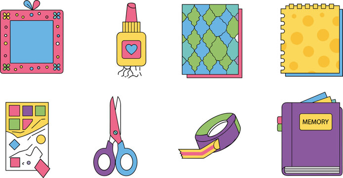 School Supplies and Craft Materials Icon Set with Notebook, Scissors, Glue, Tape, Memory Book, Paper Collage and DIY Stationery Illustration