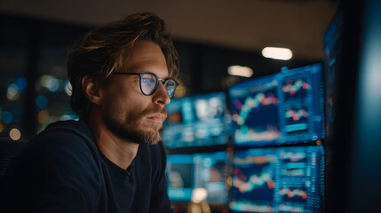 Fototapeta premium A focused young man analyzing financial data on multiple screens in a dark room