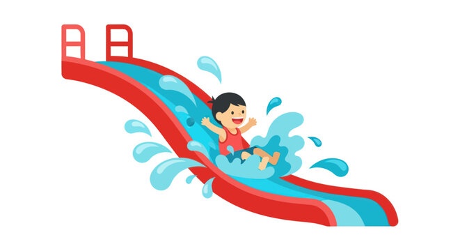Happy Boy Sliding Down Water Slide with Splashing Water