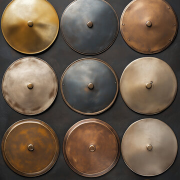 Collection of round shields in metallic rustic tones top view