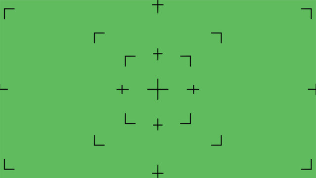 Professional video production camera viewfinder overlay with focus markings and crosshairs on a solid green screen background.