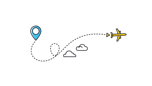 Travel route map concept with a yellow airplane flying between a blue location pin and clouds along a curved dashed line path.