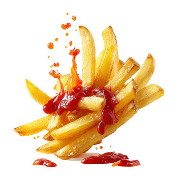 flaying french fries with ketchup splash isolated on transparent background