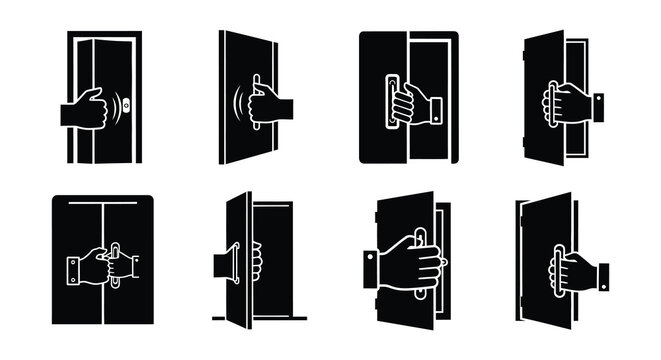 Series of black and white icons depicting hands interacting with doors