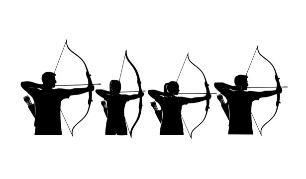 Archery silhouettes vector set with male and female archers aiming bows isolated on white background