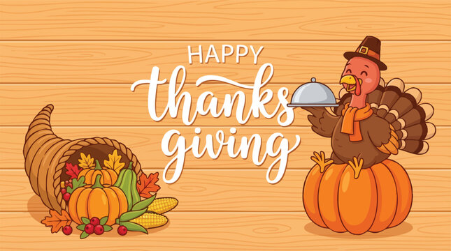 Happy Thanksgiving Banner with Cartoon Turkey and Cornucopia