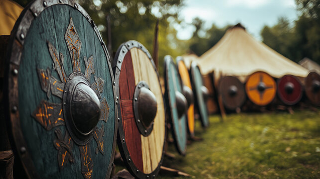 Viking shields lined near tent in outdoor historical camp