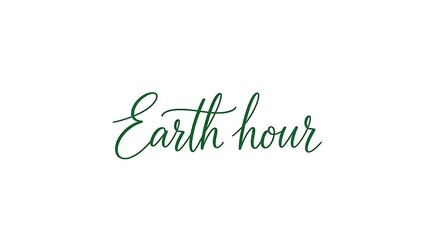 Fototapeta premium Elegant green script text 'Earth hour' on a clean white background, symbolizing environmental awareness and global action for sustainability.