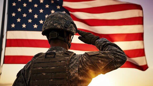 Soldier saluting American flag