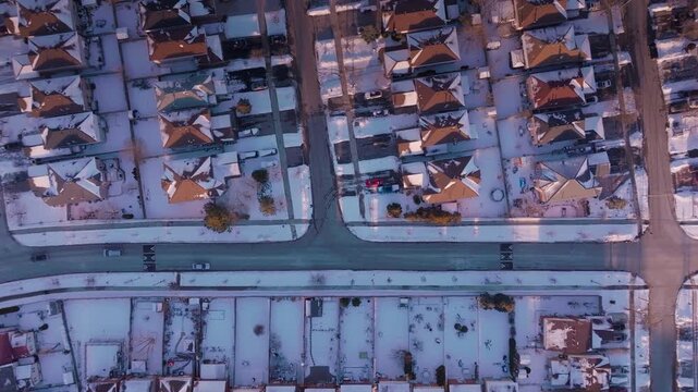 Snowy aerial view of suburban Mississauga neighborhood in winter