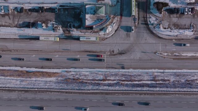 Aerial view of a busy Mississauga Highway 403 in wintertime, Canada