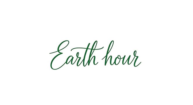 Elegant green script text 'Earth hour' on a clean white background, symbolizing environmental awareness and global action for sustainability.
