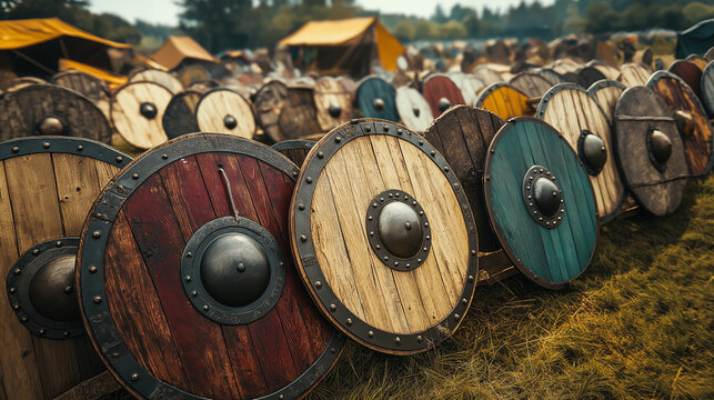 Viking shields arranged on grass in historical outdoor field