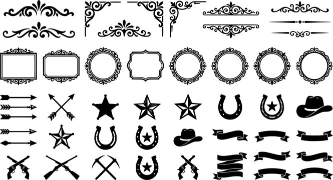 A large collection of old western design elements, embellishment, borders and divider lines.
