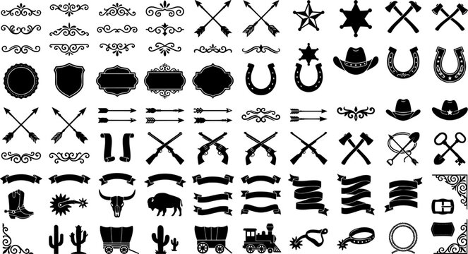 A large collection of old western design elements, embellishment, borders and divider lines.
