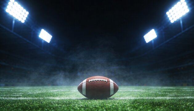 American football ball on green grass of illuminated stadium at night. Dramatic arena with floodlights and smoke before the big championship game. Copy space for text