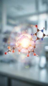 Futuristic atp molecule structure glowing energy sphere in laboratory background with colorful floating molecules for science research and chemistry innovation concept