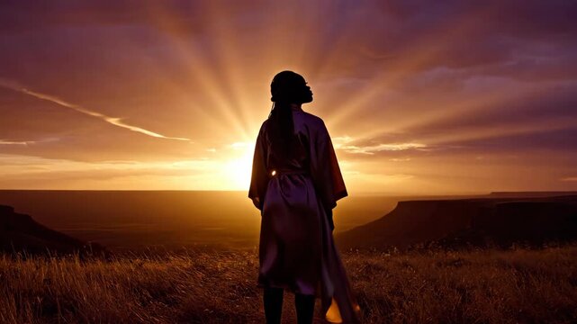 Woman in flowing dress watching dramatic golden sunset