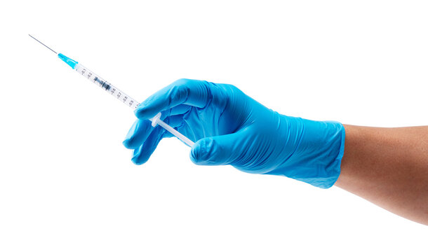 Hand in blue medical glove holding syringe isolated on transparent background