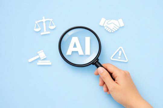 AI Under Scrutiny: A magnifying glass focuses on the letters AI, surrounded by symbolic representations of law and ethics.