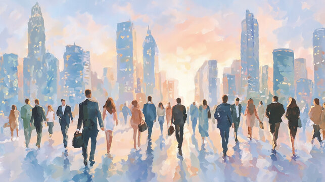 An illustration of people walking through a business district lined with skyscrapers / 高層ビルの立ち並ぶビジネス街を行き交う人々のイラスト
