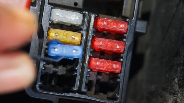 Close up of a hand removing a motorcycle fuse from the fuse box using a tool, concept of electrical repair, troubleshooting, and vehicle maintenance.