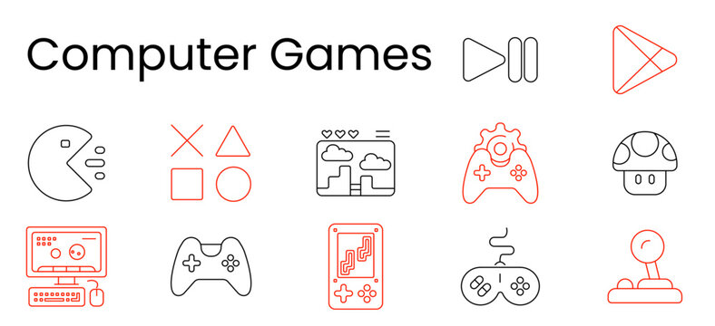 Computer games set icon. Play, pause, store, pacman, buttons, arcade screen, controller, mushroom, desktop, joystick, mobile console, gamer culture, retro entertainment, digital gameplay