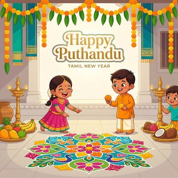 Happy puthandu tamil new year celebration with kids in traditional dress colorful kolam and festive decorations