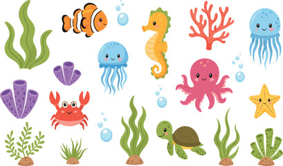 Fototapeta premium Stylized Sea Life Vector Illustration Set Featuring Clownfish Seahorse Octopus Turtle and Colorful Ocean Coral Reef Elements Isolated on White Background