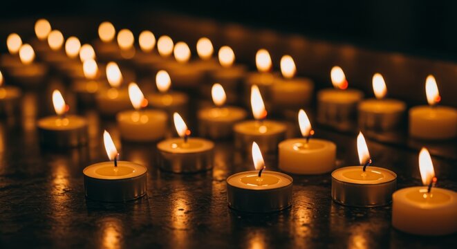 Warm candlelight glows on dark table with many burning wax candles, romantic evening light atmosphere concept