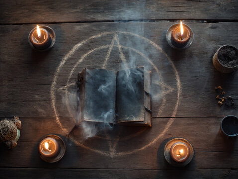 Top view of occult ritual scene featuring old spell book, chalk magic circle, candles and smoke, warm mystical lighting, medieval fantasy atmosphere, conceptual photography.