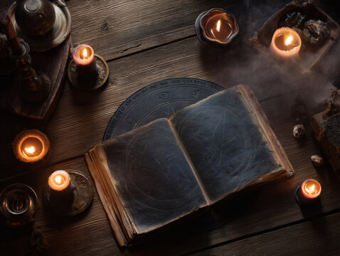 Flat lay witchcraft ritual with antique spellbook placed in magic circle, candlelight and smoke, textured wooden background, dark medieval fantasy concept