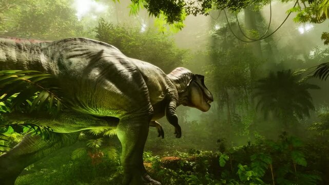 Tracking shot of large theropod dinosaur walking through dense tropical jungle with sunlit mist and undergrowth