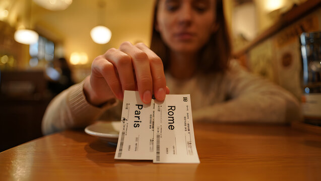 A high-angle close-up shot of a thumb pressing down on a small printed ticket or boarding pass placed on a smooth surface under warm light.