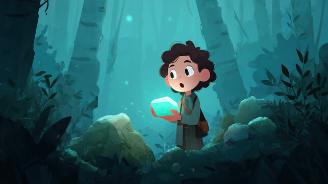 A young child with curly hair exploring a mysterious, glowing blue forest at night, holding a magical, luminous cube in their hands