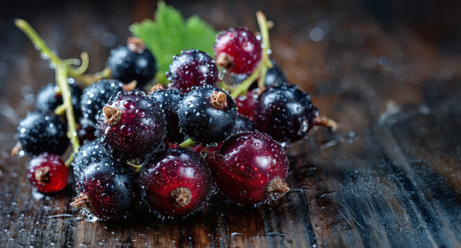 Close-up food image of fresh black currant berries with moisture drops, vibrant detail, natural daylight, rustic wood background, minimal style. Copy spase