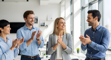 Obraz premium Successful business team celebrating success and achievement in the workplace with applause and smiles