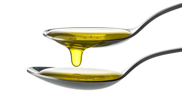 Two spoons hold yellow liquid, a drop falling between them against a stark black background