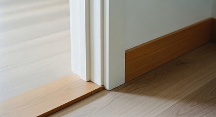 Fototapeta premium Modern interior architectural detail showing wooden skirting board white door frame and laminate flooring