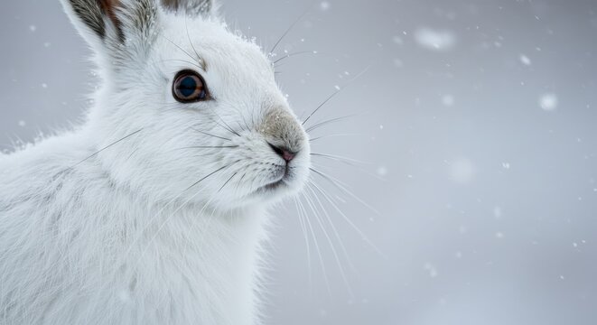 White hare looking right in winter snow. Wildlife animal portrait for nature concept and seasonal design element.